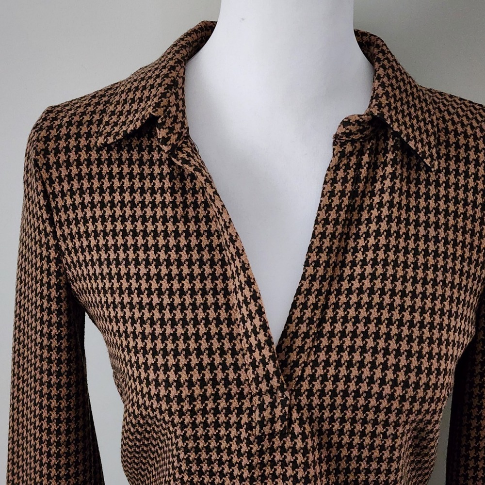 Zara Houndstooth Crop Top Womens Small Brown Black Collared Academia Preppy - Picture 2 of 12